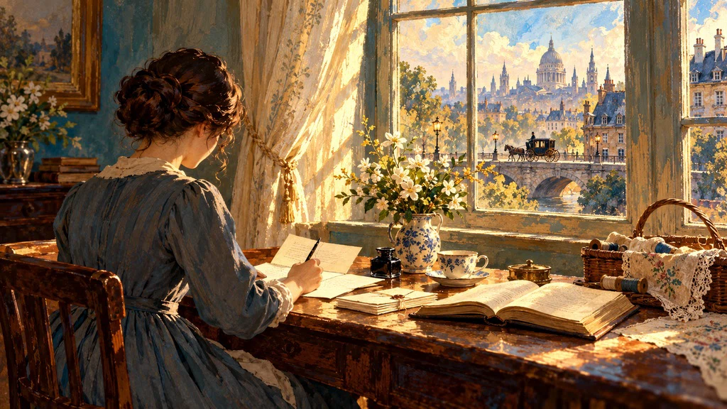ภาพวาดเชิงแนวคิด หญิงเขียนจดหมายริมหน้าต่างในบรรยากาศโลกเก่า