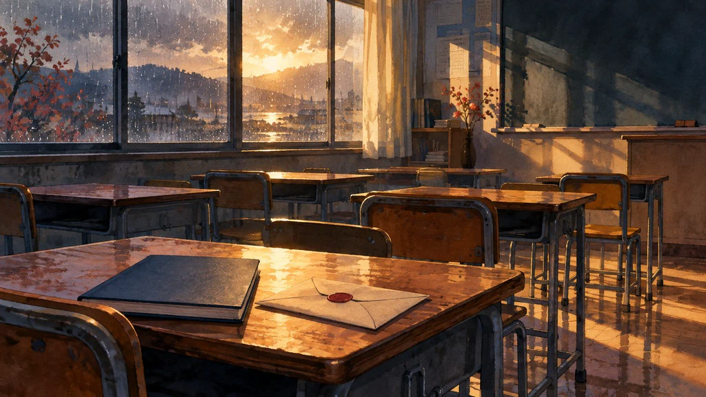 ภาพวาดห้องเรียนว่าง สมุด และจดหมายในแสงยามเย็น