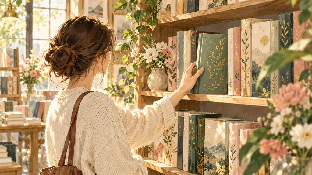 ภาพวาดผู้อ่านเลือกหนังสือปกสีเขียวในร้านหนังสือแสงอุ่น