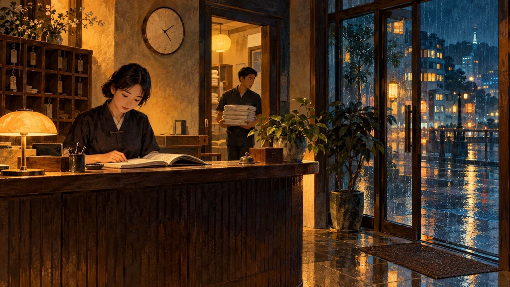 ภาพวาดฉากสมมติ พนักงานโรงแรมทำงานท่ามกลางแสงอบอุ่นในคืนฝนตก