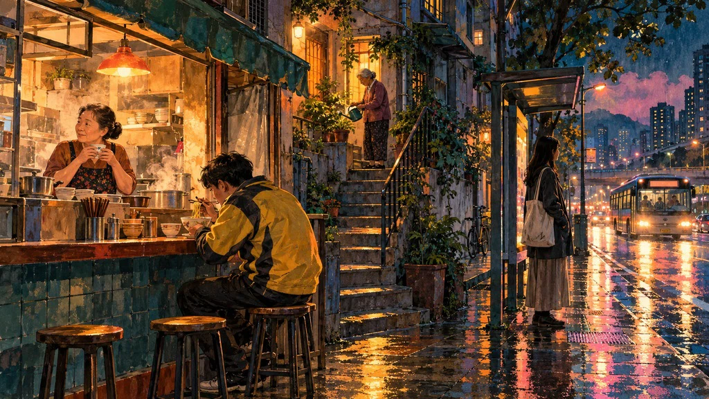 ภาพวาดฉากสมมติ ร้านอาหารเล็กๆ และผู้คนที่ใช้ชีวิตยามค่ำคืน
