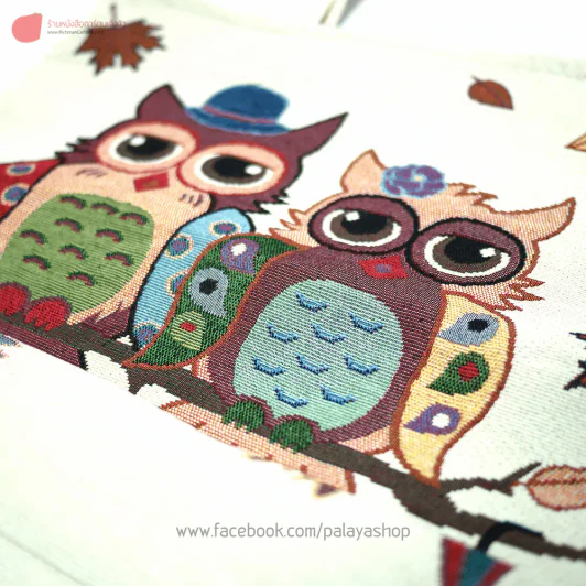 กระเป๋าผ้าอย่างหนารักษ์โลก สีครีม ลายนกฮูกคู่ รูปที่ 2