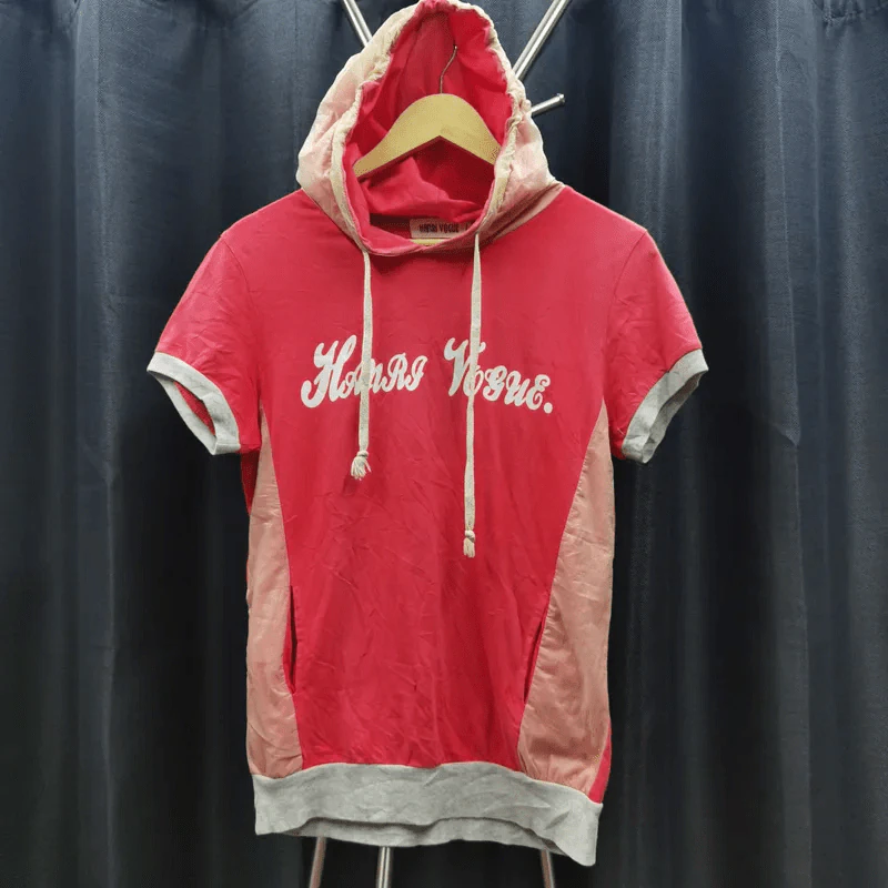 เสื้อฮู้ดแขนสั้น สีแดงแถบชมพู อก 36 นิ้ว, ยาว 26 นิ้ว รูปที่ 1