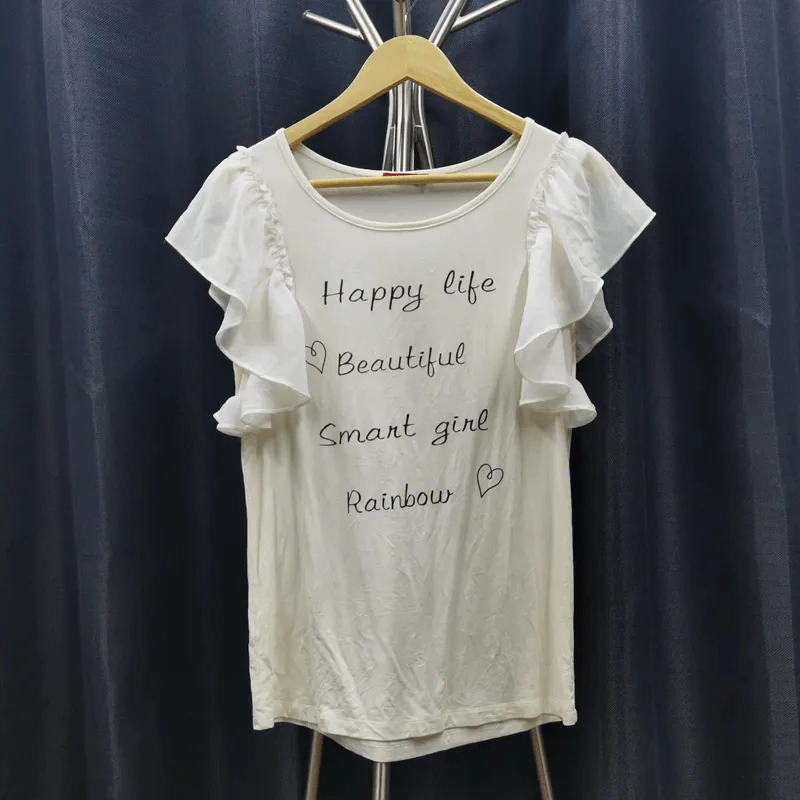 เสื้อยืดแขนกุด สีขาว แขนตกแต่งพริ้วสีขาว อก 34 นิ้ว, สูง 24 นิ้ว รูปที่ 1
