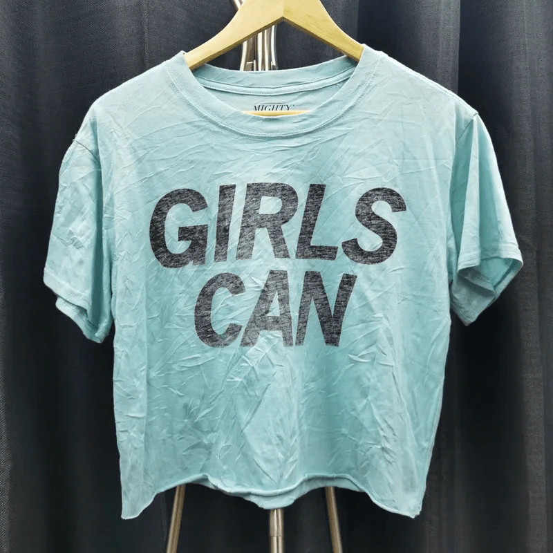 เสื้อครอป Mighty Fine สีฟ้าอมเขียว ลาย Girls Can อก 40 นิ้ว, ยาว 19 นิ้ว รูปที่ 1