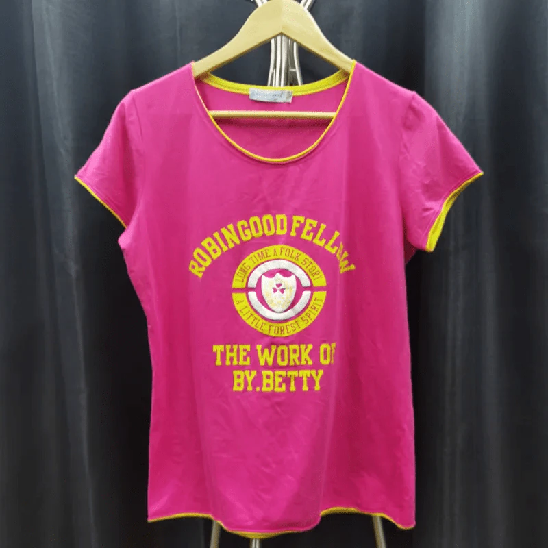 เสื้อยืดแขนสั้น สีชมพู ตกแต่งปลายสีเหลือง อก 40 นิ้ว, ยาว 23 นิ้ว รูปที่ 1