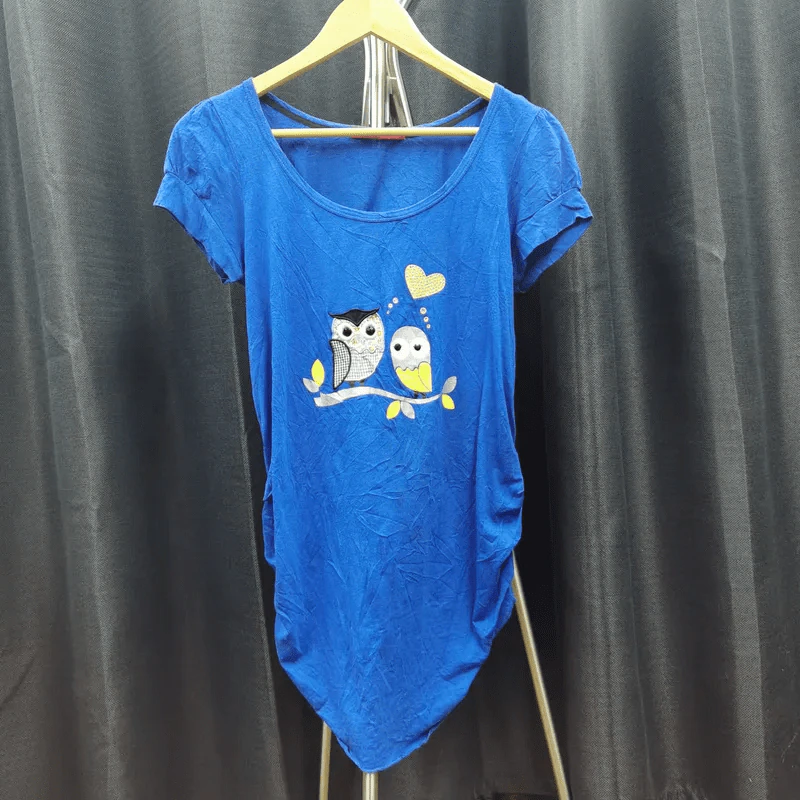 เสื้อยืดแขนสั้น สีน้ำเงิน ลายนกฮูก อก 34 นิ้ว, ยาว 28 นิ้ว รูปที่ 1
