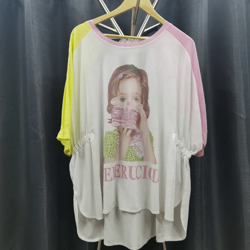 เสื้อแฟชั่น สีขาว แขนเสื้อสีชมพูเหลือง อก 64 นิ้ว, ยาว 30 นิ้ว รูปที่ 1