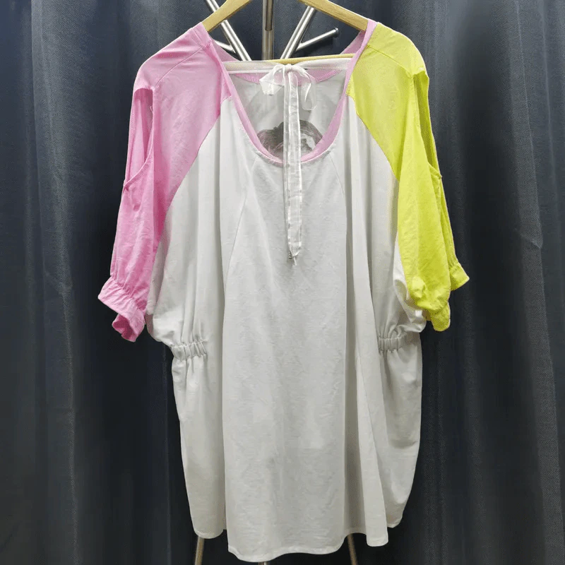 เสื้อแฟชั่น สีขาว แขนเสื้อสีชมพูเหลือง อก 64 นิ้ว, ยาว 30 นิ้ว รูปที่ 2