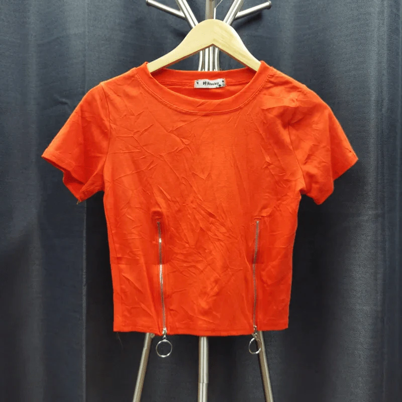 เสื้อยืดแขนสั้น สีส้ม ตกแต่งซิปน่ารัก อก 32 นิ้ว, ยาว 18 นิ้ว รูปที่ 1
