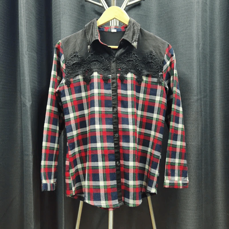 เสื้อเชิ้ตแขนยาว สีดำลายสก๊อตแดงสลับเขียว อก 36 นิ้ว, ยาว 25 นิ้ว รูปที่ 1