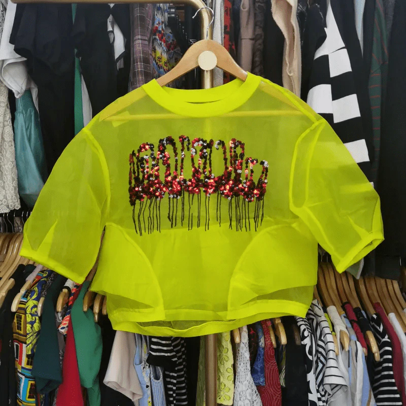 เสื้อครอปสีเหลืองบาง อก 36 นิ้ว, ยาว 20 นิ้ว รูปที่ 2