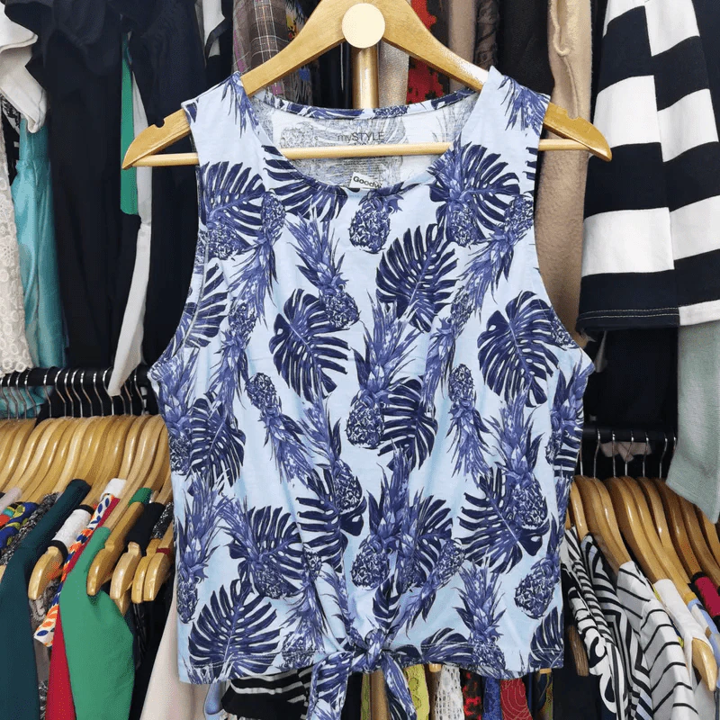เสื้อแขนกุด ลายใบไม้ เอวผูก พลัสไซส์ อก 42 นิ้ว, ยาว 21 นิ้ว รูปที่ 1