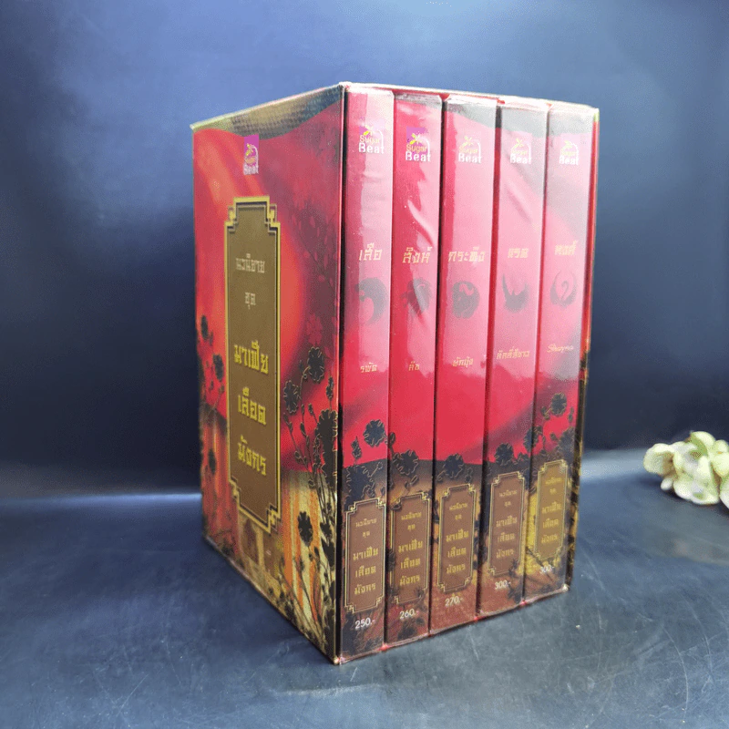 Boxset นิยายชุด มาเฟียเลือดมังกร 5 เล่ม ได้แก่ เสือ สิงห์ กระทิง แรด หงส์ - รพัด, ลิซ, ผักบุ้ง, ลิลลี่สีขาว, เรนนี่ รูปที่ 1