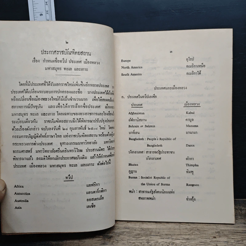 หนังสือ ประกาศสำนักนายกรัฐมนตรีและประกาศราชบัณฑิตยสถาน เรื่อง กำหนดชื่อทวีป ประเทศ เมืองหลวง มหาสมุทร ทะเลและเกาะ รูปที่ 8